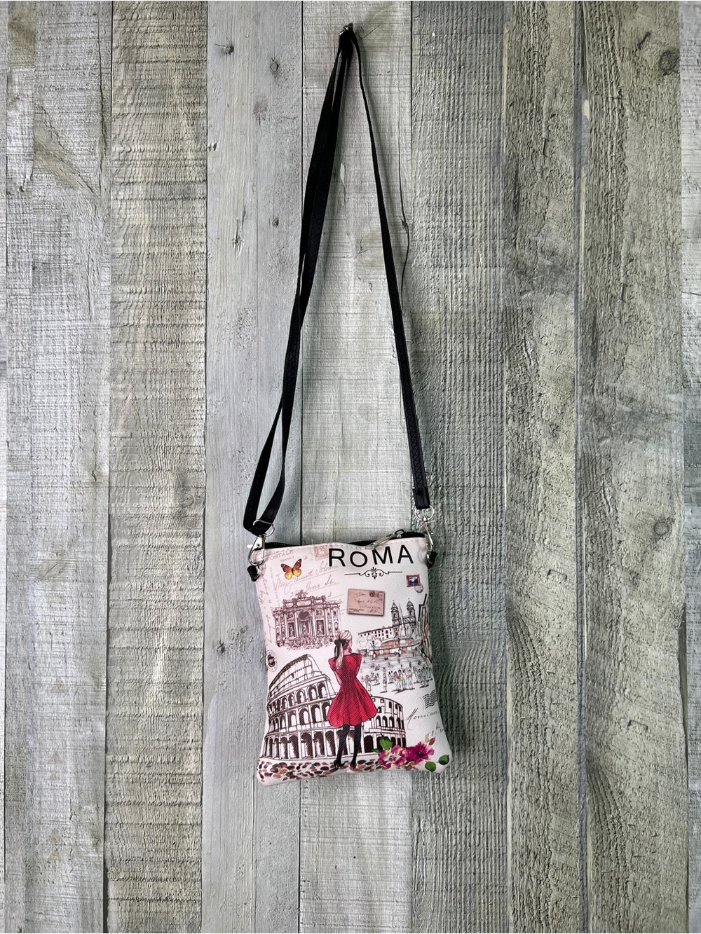 Roma Crossbody Bag with Pink Illustrated Print and Black Strap 7x6x1”